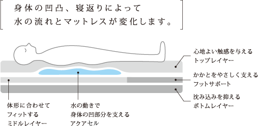 身体の凸凹、寝返りによって水の流れとマットレスが変化します